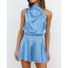 imageBTFBM Womens Mock Neck Summer Romper 2025 Casual Beach Outfits Satin Sleeveless Elastic Waist One Piece Shorts JumpsuitsLight Blue