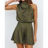 imageBTFBM Womens Mock Neck Summer Romper 2025 Casual Beach Outfits Satin Sleeveless Elastic Waist One Piece Shorts JumpsuitsSolid Army Green