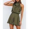 imageBTFBM Womens Mock Neck Summer Romper 2025 Casual Beach Outfits Satin Sleeveless Elastic Waist One Piece Shorts JumpsuitsSolid Army Green