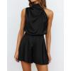 imageBTFBM Womens Mock Neck Summer Romper 2025 Casual Beach Outfits Satin Sleeveless Elastic Waist One Piece Shorts JumpsuitsSolid Black