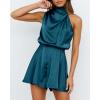imageBTFBM Womens Mock Neck Summer Romper 2025 Casual Beach Outfits Satin Sleeveless Elastic Waist One Piece Shorts JumpsuitsSolid Blue Green