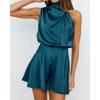 imageBTFBM Womens Mock Neck Summer Romper 2025 Casual Beach Outfits Satin Sleeveless Elastic Waist One Piece Shorts JumpsuitsSolid Blue Green