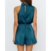 imageBTFBM Womens Mock Neck Summer Romper 2025 Casual Beach Outfits Satin Sleeveless Elastic Waist One Piece Shorts JumpsuitsSolid Blue Green