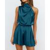 imageBTFBM Womens Mock Neck Summer Romper 2025 Casual Beach Outfits Satin Sleeveless Elastic Waist One Piece Shorts JumpsuitsSolid Blue Green