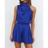 imageBTFBM Womens Mock Neck Summer Romper 2025 Casual Beach Outfits Satin Sleeveless Elastic Waist One Piece Shorts JumpsuitsSolid Brilliant Blue