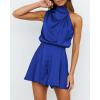 imageBTFBM Womens Mock Neck Summer Romper 2025 Casual Beach Outfits Satin Sleeveless Elastic Waist One Piece Shorts JumpsuitsSolid Brilliant Blue