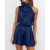 imageBTFBM Womens Mock Neck Summer Romper 2025 Casual Beach Outfits Satin Sleeveless Elastic Waist One Piece Shorts JumpsuitsSolid Dark Blue