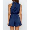 imageBTFBM Womens Mock Neck Summer Romper 2025 Casual Beach Outfits Satin Sleeveless Elastic Waist One Piece Shorts JumpsuitsSolid Dark Blue