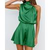 imageBTFBM Womens Mock Neck Summer Romper 2025 Casual Beach Outfits Satin Sleeveless Elastic Waist One Piece Shorts JumpsuitsSolid Green