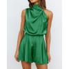 imageBTFBM Womens Mock Neck Summer Romper 2025 Casual Beach Outfits Satin Sleeveless Elastic Waist One Piece Shorts JumpsuitsSolid Green