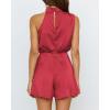 imageBTFBM Womens Mock Neck Summer Romper 2025 Casual Beach Outfits Satin Sleeveless Elastic Waist One Piece Shorts JumpsuitsSolid Red