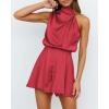 imageBTFBM Womens Mock Neck Summer Romper 2025 Casual Beach Outfits Satin Sleeveless Elastic Waist One Piece Shorts JumpsuitsSolid Red