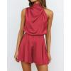 imageBTFBM Womens Mock Neck Summer Romper 2025 Casual Beach Outfits Satin Sleeveless Elastic Waist One Piece Shorts JumpsuitsSolid Red