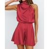 imageBTFBM Womens Mock Neck Summer Romper 2025 Casual Beach Outfits Satin Sleeveless Elastic Waist One Piece Shorts JumpsuitsSolid Red