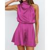imageBTFBM Womens Mock Neck Summer Romper 2025 Casual Beach Outfits Satin Sleeveless Elastic Waist One Piece Shorts JumpsuitsSolid Rose Red