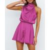 imageBTFBM Womens Mock Neck Summer Romper 2025 Casual Beach Outfits Satin Sleeveless Elastic Waist One Piece Shorts JumpsuitsSolid Rose Red