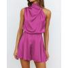 imageBTFBM Womens Mock Neck Summer Romper 2025 Casual Beach Outfits Satin Sleeveless Elastic Waist One Piece Shorts JumpsuitsSolid Rose Red