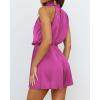 imageBTFBM Womens Mock Neck Summer Romper 2025 Casual Beach Outfits Satin Sleeveless Elastic Waist One Piece Shorts JumpsuitsSolid Rose Red