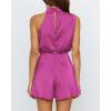 imageBTFBM Womens Mock Neck Summer Romper 2025 Casual Beach Outfits Satin Sleeveless Elastic Waist One Piece Shorts JumpsuitsSolid Rose Red
