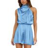 imageBTFBM Womens Mock Neck Summer Romper 2025 Casual Beach Outfits Satin Sleeveless Elastic Waist One Piece Shorts JumpsuitsLight Blue