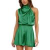 imageBTFBM Womens Mock Neck Summer Romper 2025 Casual Beach Outfits Satin Sleeveless Elastic Waist One Piece Shorts JumpsuitsSolid Green