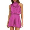 imageBTFBM Womens Mock Neck Summer Romper 2025 Casual Beach Outfits Satin Sleeveless Elastic Waist One Piece Shorts JumpsuitsSolid Rose Red
