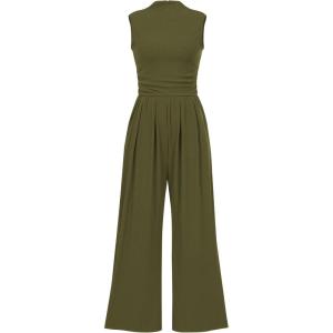 imageBTFBM One Piece Jumpsuits For Women Dressy Casual Spring Summer Outfits 2025 Sleeveless Mock Neck Wide Leg Pants RompersSolid Army Green