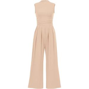 imageBTFBM One Piece Jumpsuits For Women Dressy Casual Spring Summer Outfits 2025 Sleeveless Mock Neck Wide Leg Pants RompersSolid Beige