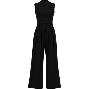 imageBTFBM One Piece Jumpsuits For Women Dressy Casual Spring Summer Outfits 2025 Sleeveless Mock Neck Wide Leg Pants RompersSolid Black