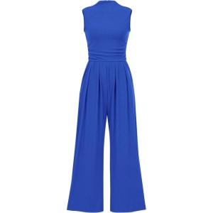 imageBTFBM One Piece Jumpsuits For Women Dressy Casual Spring Summer Outfits 2025 Sleeveless Mock Neck Wide Leg Pants RompersSolid Blue