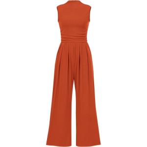 imageBTFBM One Piece Jumpsuits For Women Dressy Casual Spring Summer Outfits 2025 Sleeveless Mock Neck Wide Leg Pants RompersSolid Brick Red
