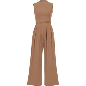 imageBTFBM One Piece Jumpsuits For Women Dressy Casual Spring Summer Outfits 2025 Sleeveless Mock Neck Wide Leg Pants RompersSolid Camel