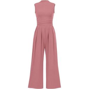 imageBTFBM One Piece Jumpsuits For Women Dressy Casual Spring Summer Outfits 2025 Sleeveless Mock Neck Wide Leg Pants RompersSolid Dusty Pink