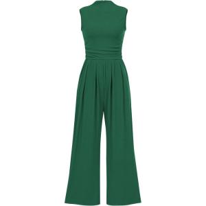 imageBTFBM One Piece Jumpsuits For Women Dressy Casual Spring Summer Outfits 2025 Sleeveless Mock Neck Wide Leg Pants RompersSolid Green
