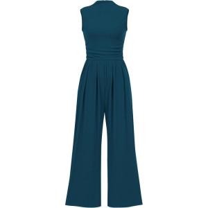 imageBTFBM One Piece Jumpsuits For Women Dressy Casual Spring Summer Outfits 2025 Sleeveless Mock Neck Wide Leg Pants RompersSolid Lake Blue