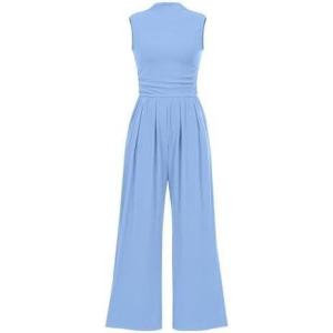 imageBTFBM One Piece Jumpsuits For Women Dressy Casual Spring Summer Outfits 2025 Sleeveless Mock Neck Wide Leg Pants RompersSolid Light Blue