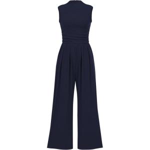 imageBTFBM One Piece Jumpsuits For Women Dressy Casual Spring Summer Outfits 2025 Sleeveless Mock Neck Wide Leg Pants RompersSolid Navy