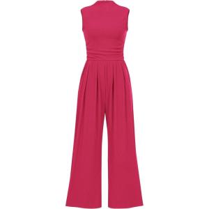 imageBTFBM One Piece Jumpsuits For Women Dressy Casual Spring Summer Outfits 2025 Sleeveless Mock Neck Wide Leg Pants RompersSolid Rose Red