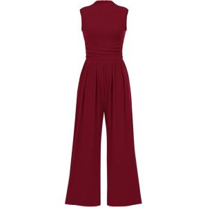imageBTFBM One Piece Jumpsuits For Women Dressy Casual Spring Summer Outfits 2025 Sleeveless Mock Neck Wide Leg Pants RompersSolid Wine Red