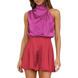 imageBTFBM Womens Mock Neck Summer Romper 2025 Casual Beach Outfits Satin Sleeveless Elastic Waist One Piece Shorts JumpsuitsStitched Rose Red