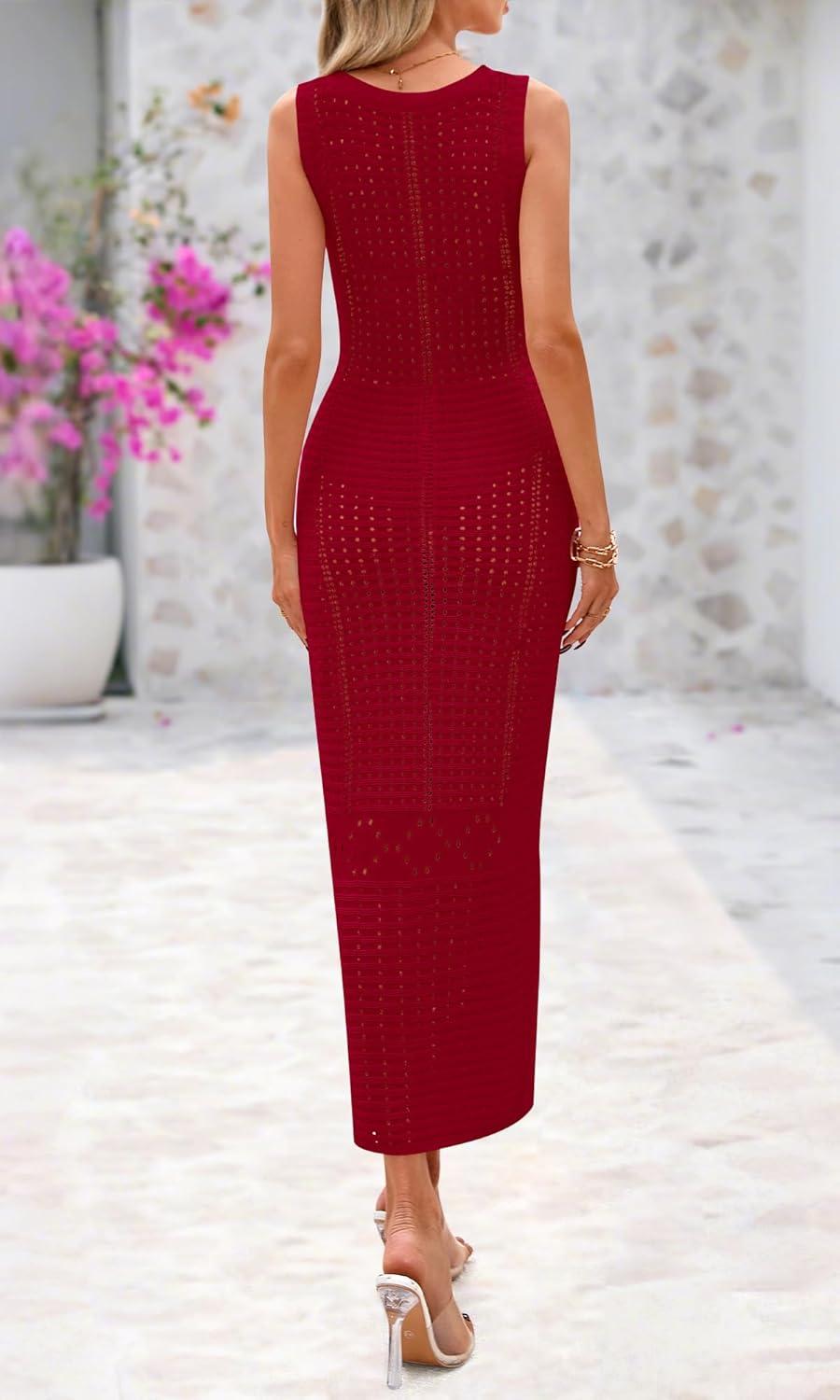 imageBTFBM Crochet Swimsuit Coverup for Women Summer Spring 2025 Swimwear Bathing Suit Cover Up Beach Dress Vacation OutfitsDark Red