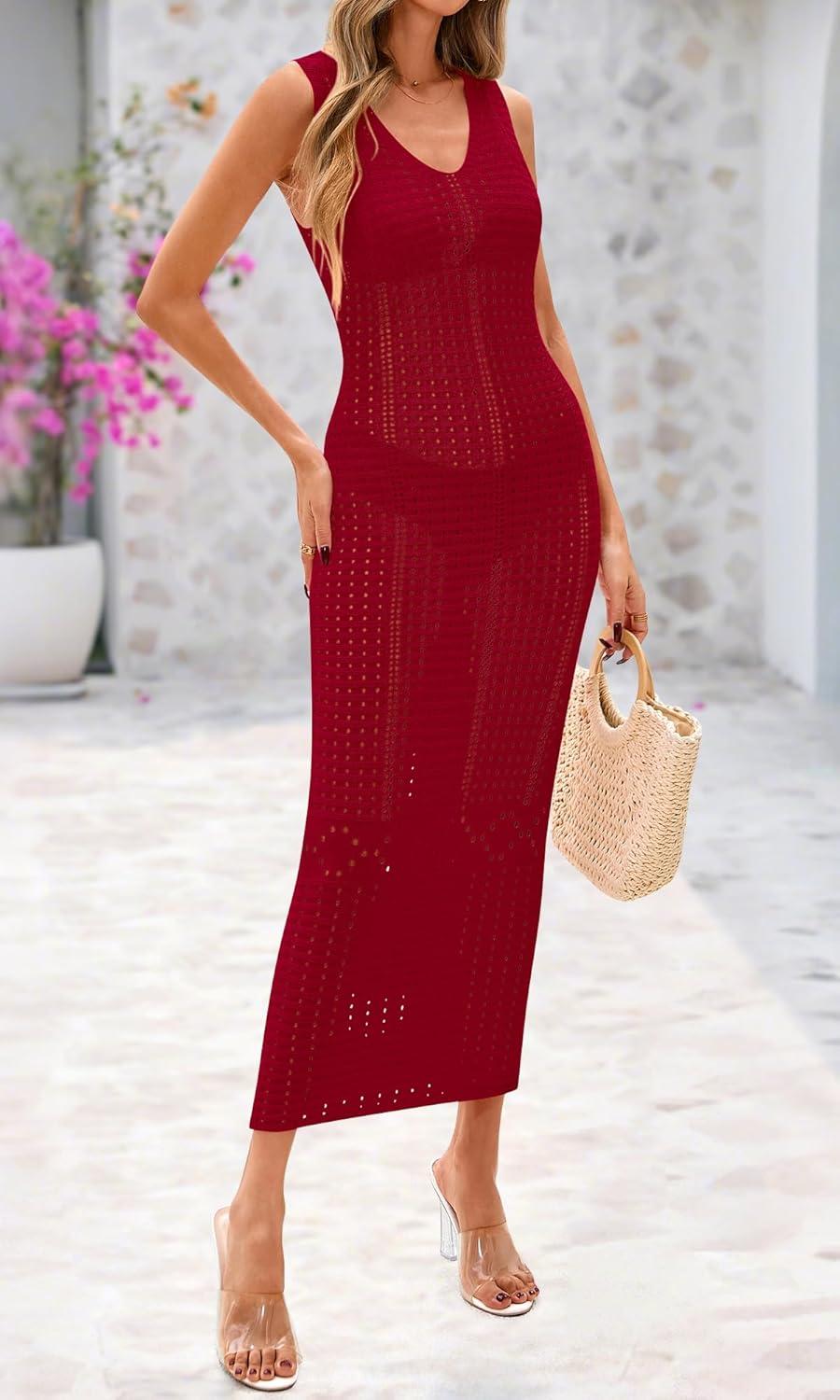 imageBTFBM Crochet Swimsuit Coverup for Women Summer Spring 2025 Swimwear Bathing Suit Cover Up Beach Dress Vacation OutfitsDark Red