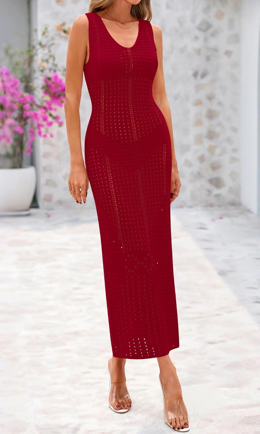imageBTFBM Crochet Swimsuit Coverup for Women Summer Spring 2025 Swimwear Bathing Suit Cover Up Beach Dress Vacation OutfitsDark Red