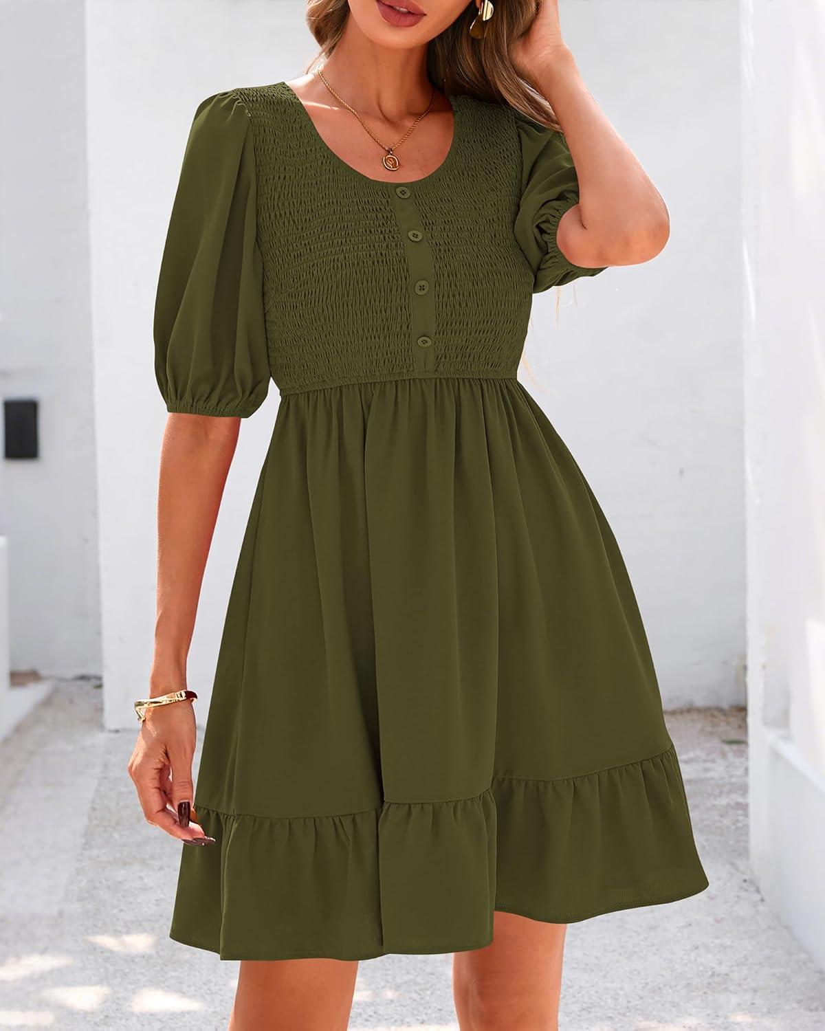 imageBTFBM Women Casual Summer Smocked Dresses 2025 Crew Neck Puff Short Sleeve Empire Waist ALine Beach Vacation Mini DressArmy Green