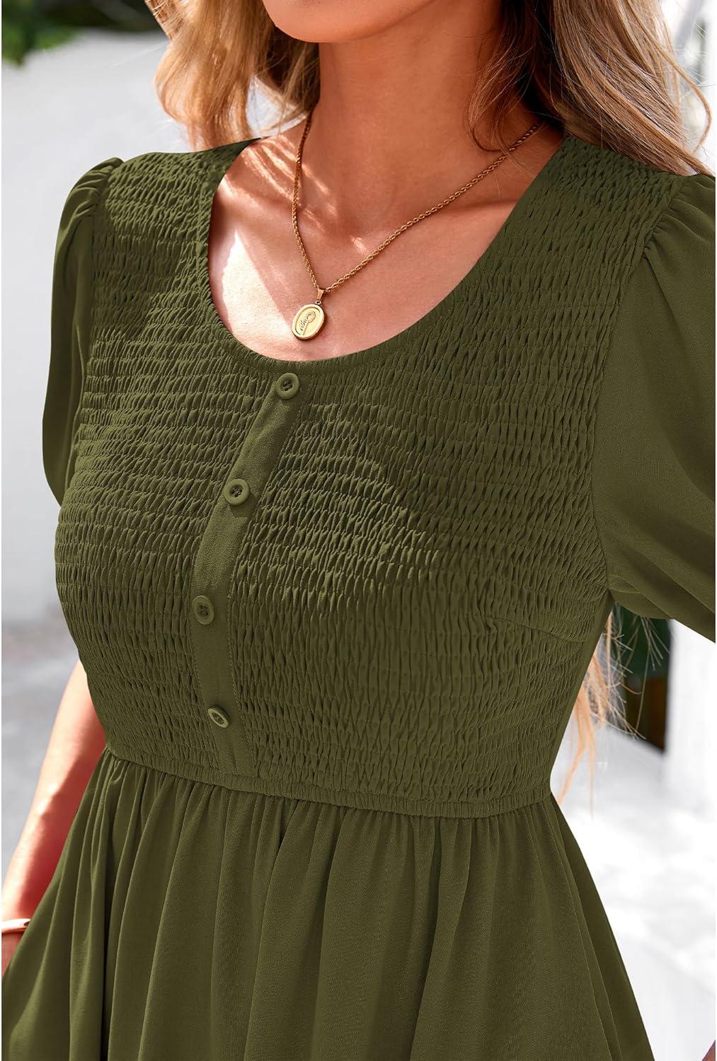 imageBTFBM Women Casual Summer Smocked Dresses 2025 Crew Neck Puff Short Sleeve Empire Waist ALine Beach Vacation Mini DressArmy Green