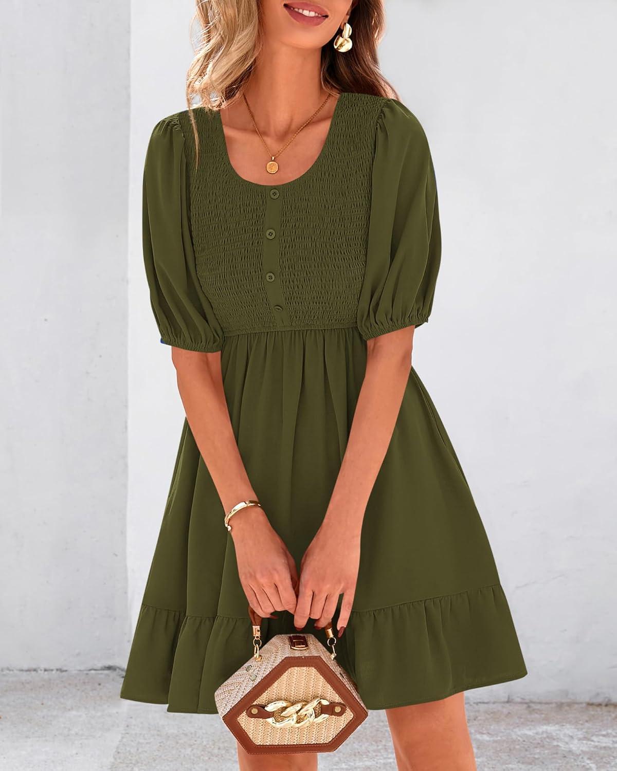 imageBTFBM Women Casual Summer Smocked Dresses 2025 Crew Neck Puff Short Sleeve Empire Waist ALine Beach Vacation Mini DressArmy Green