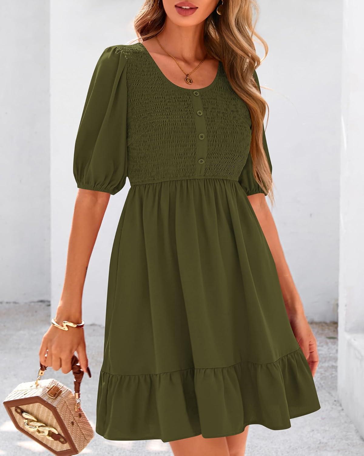 imageBTFBM Women Casual Summer Smocked Dresses 2025 Crew Neck Puff Short Sleeve Empire Waist ALine Beach Vacation Mini DressArmy Green