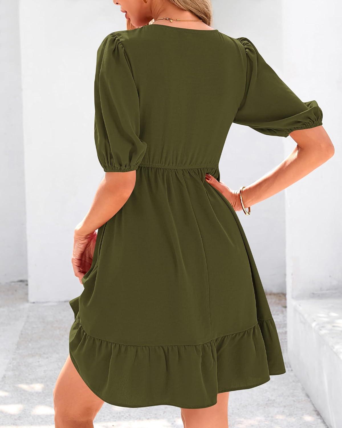 imageBTFBM Women Casual Summer Smocked Dresses 2025 Crew Neck Puff Short Sleeve Empire Waist ALine Beach Vacation Mini DressArmy Green