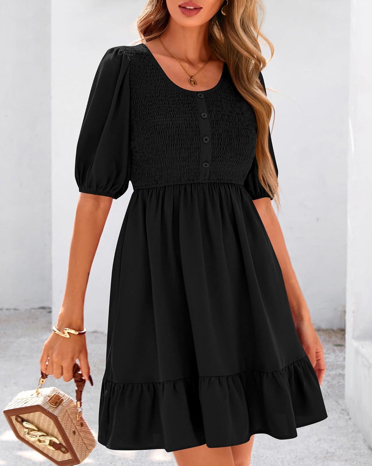 imageBTFBM Women Casual Summer Smocked Dresses 2025 Crew Neck Puff Short Sleeve Empire Waist ALine Beach Vacation Mini DressBlack
