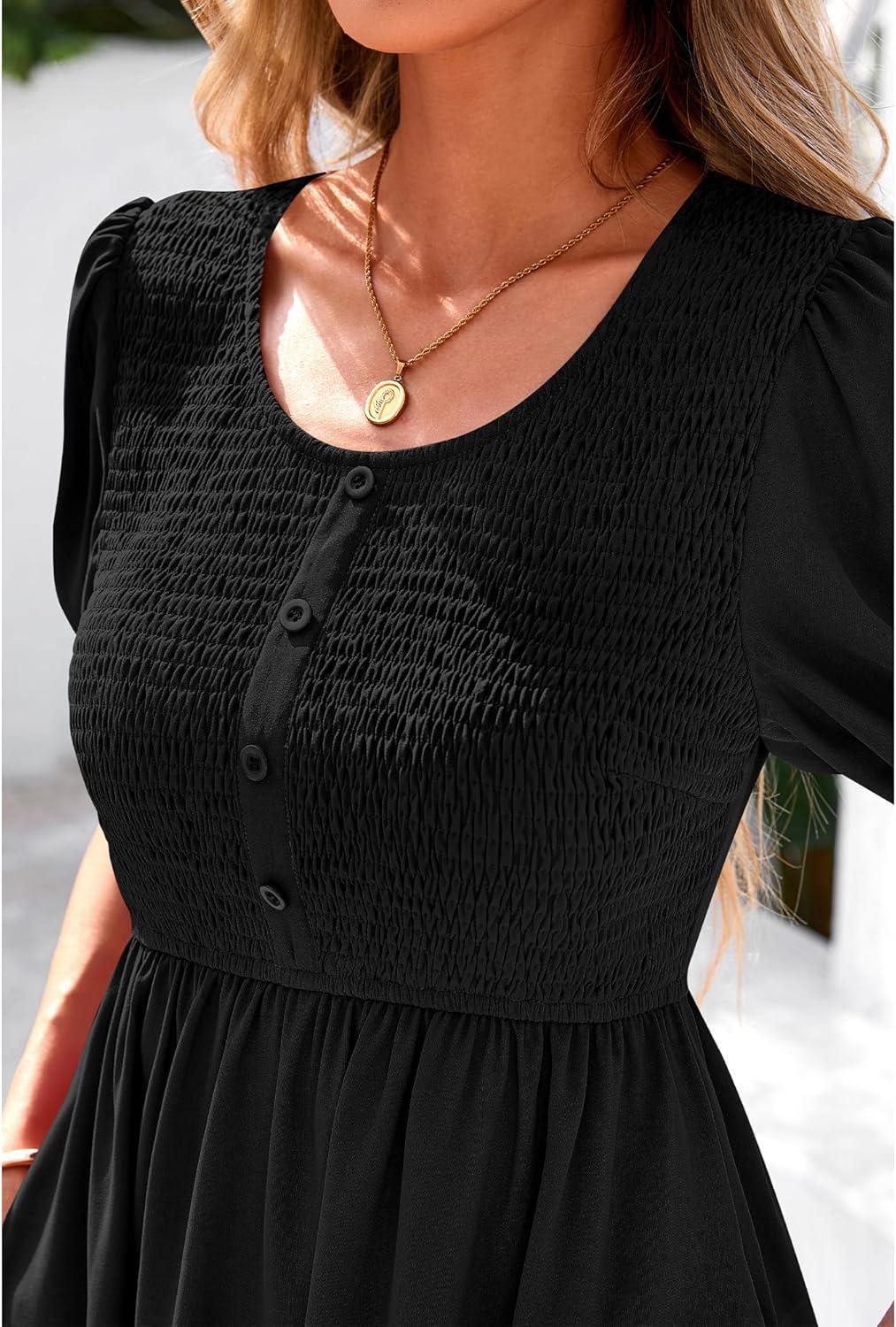 imageBTFBM Women Casual Summer Smocked Dresses 2025 Crew Neck Puff Short Sleeve Empire Waist ALine Beach Vacation Mini DressBlack